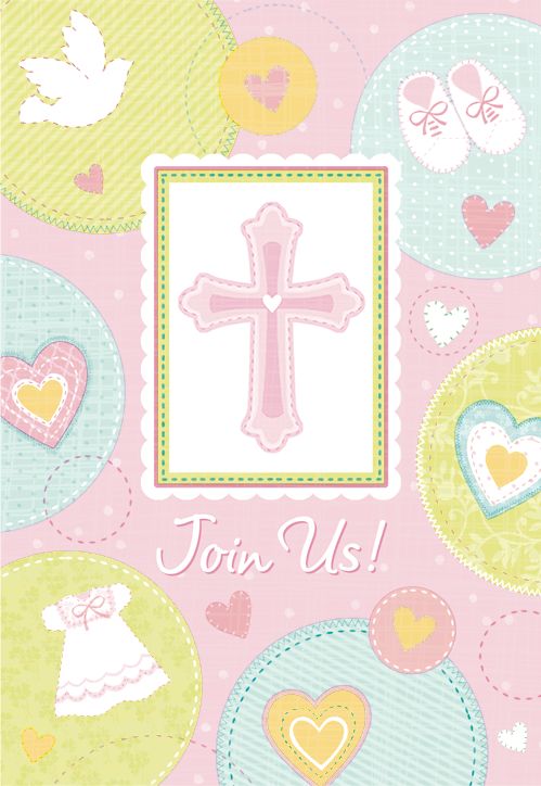 "Join Us" & "Thank You" Cross Paper Party Invitations & Thank You Notes, Pink, 16-pk, for First Communion/Religious Celebration Front_Flat