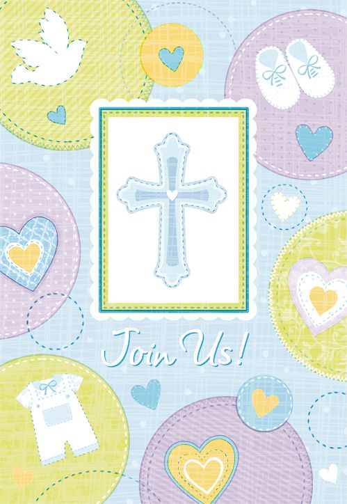 "Join Us" & "Thank You" Cross Paper Party Invitations & Thank You Notes, Blue, 16-pk, for First Communion/Religious Celebration Front_Flat