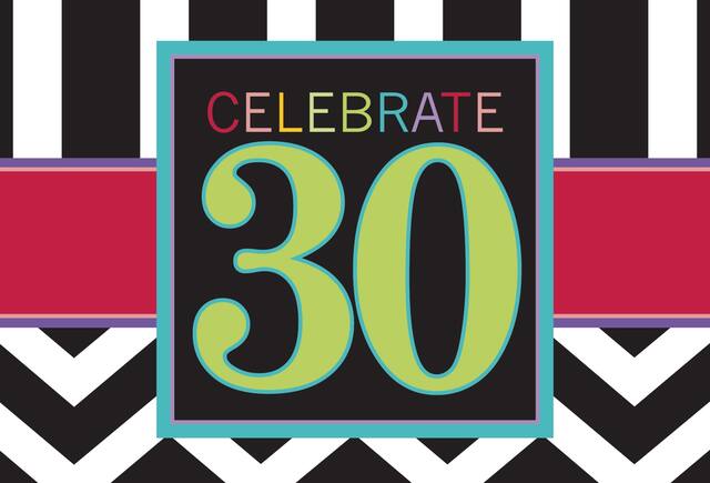 "Celebrate 30" Paper Party Invitations with Envelopes, Multi-Coloured, Striped, 8-pk, for Birthday Party Front_Flat