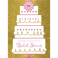 Invitations de fête prénuptiale, gâteau de mariage, brillants or, paq. 8 Front_Flat