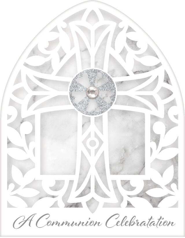 Invitations, première communion, marbre blanc et gris, paq. 8 Front_Flat