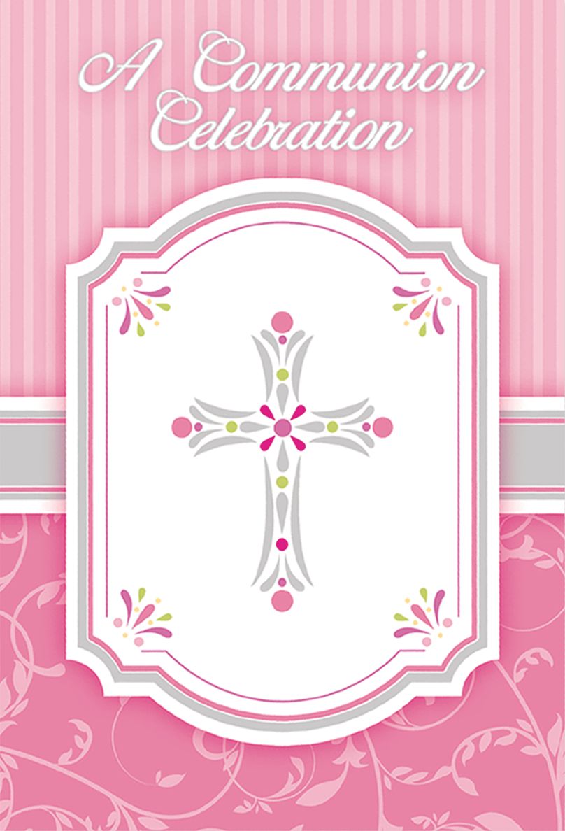 Invitations en papier à croix avec enveloppes, rose, paq. 8, pour première communion/célébration religieuse Front_Flat