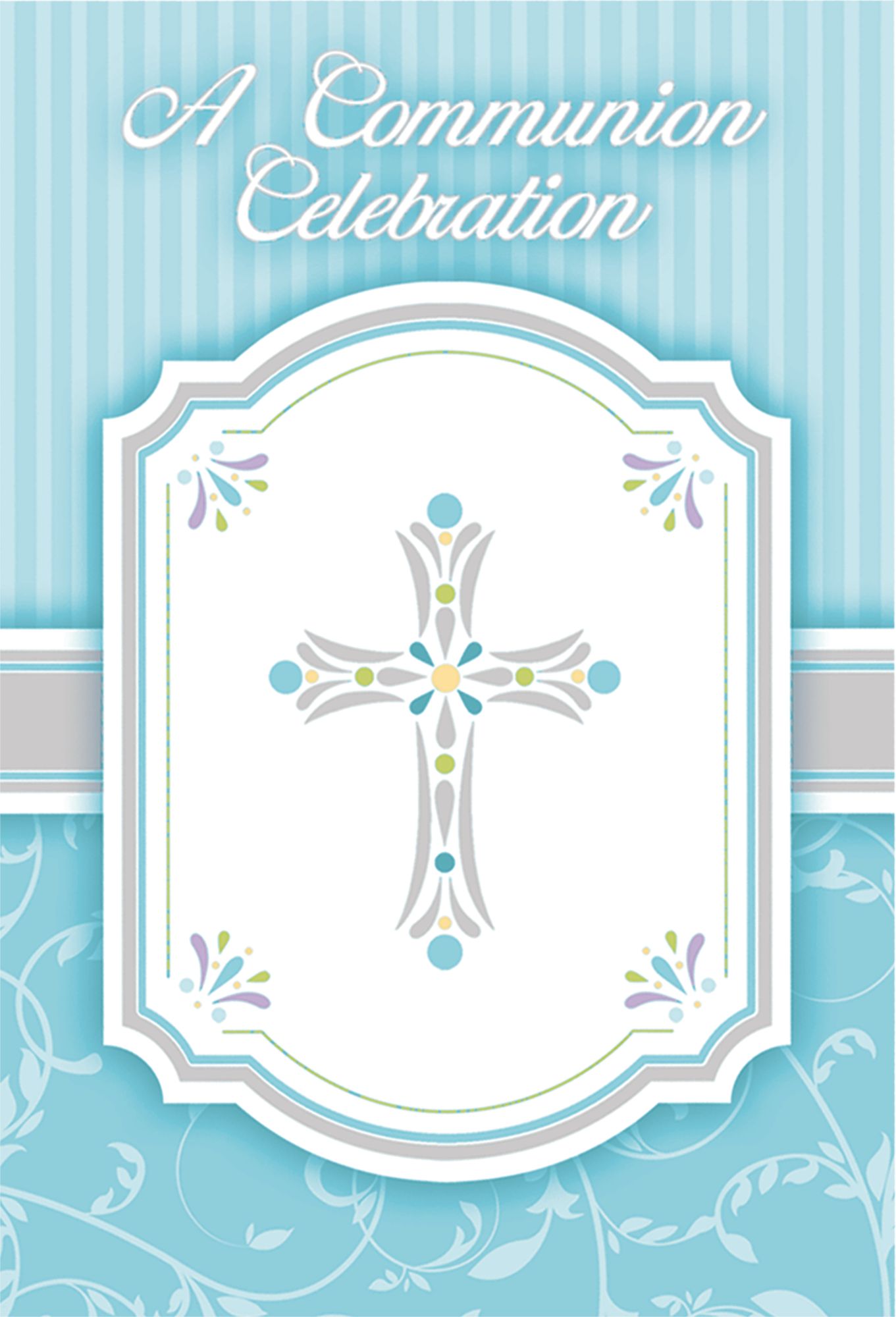 "A Communion Celebration" Cross Paper Party Invitations with Envelopes, Blue, 8-pk, for First Communion/Religious Celebration Front_Flat