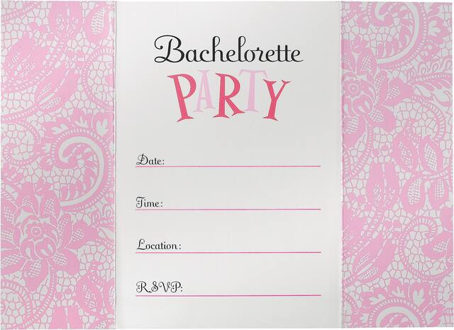 "Bachelorette Party" Paper Party Invitations with Envelopes, Pink, 8-pk, for Bachelorette Front_Flat