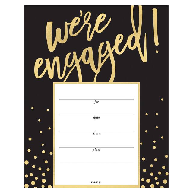 "We're Engaged" Paper Party Invitations with Envelopes, Black/Gold, 20-pk, for Engagement Party Front_Flat