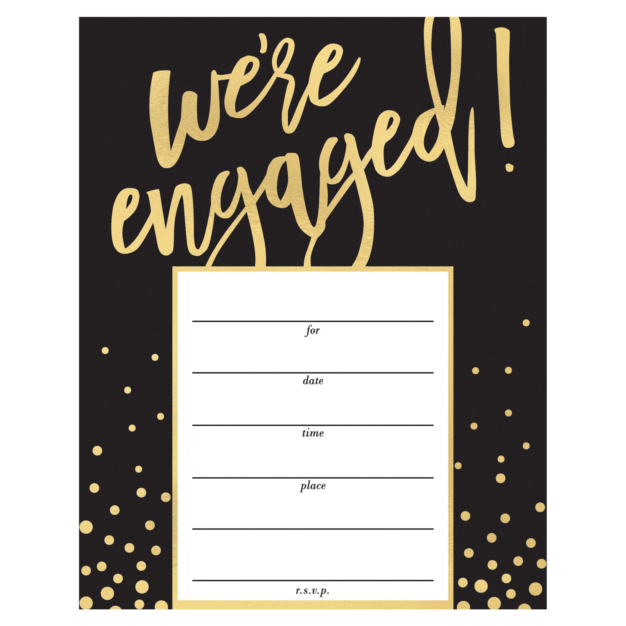 "We're Engaged" Paper Party Invitations with Envelopes, Black/Gold, 20-pk, for Engagement Party Front_Flat