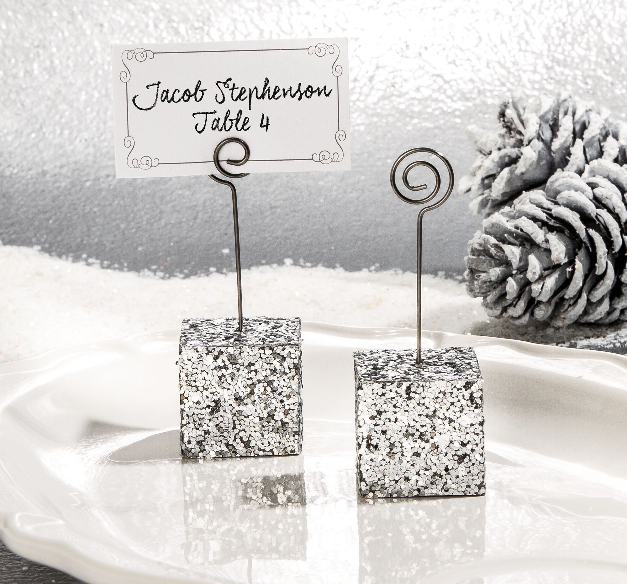 Silver Glitter Cube Place Card Holder Front_Flat