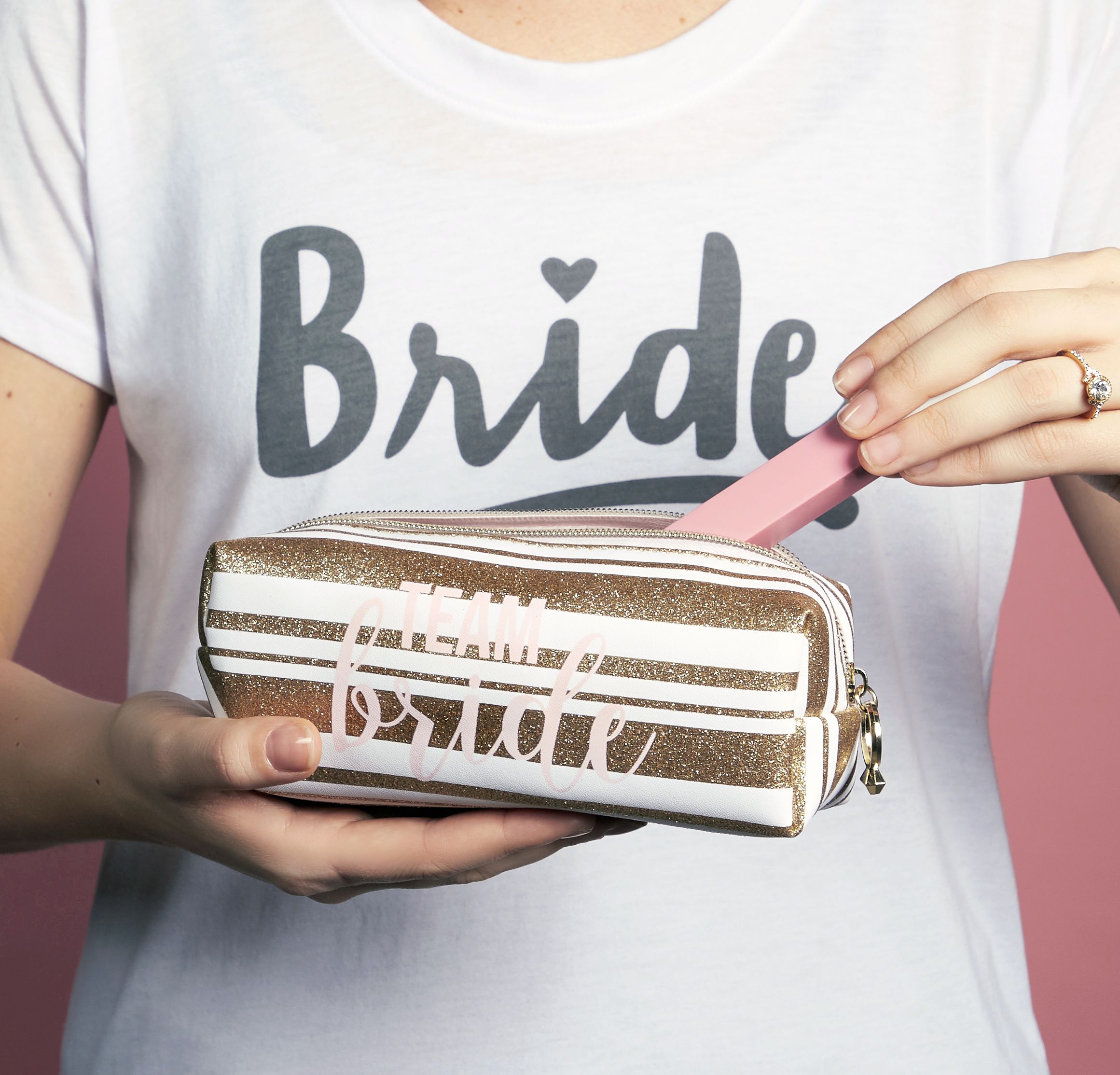 Glitter Gold Bride Makeup Bag Front_Angled_Left