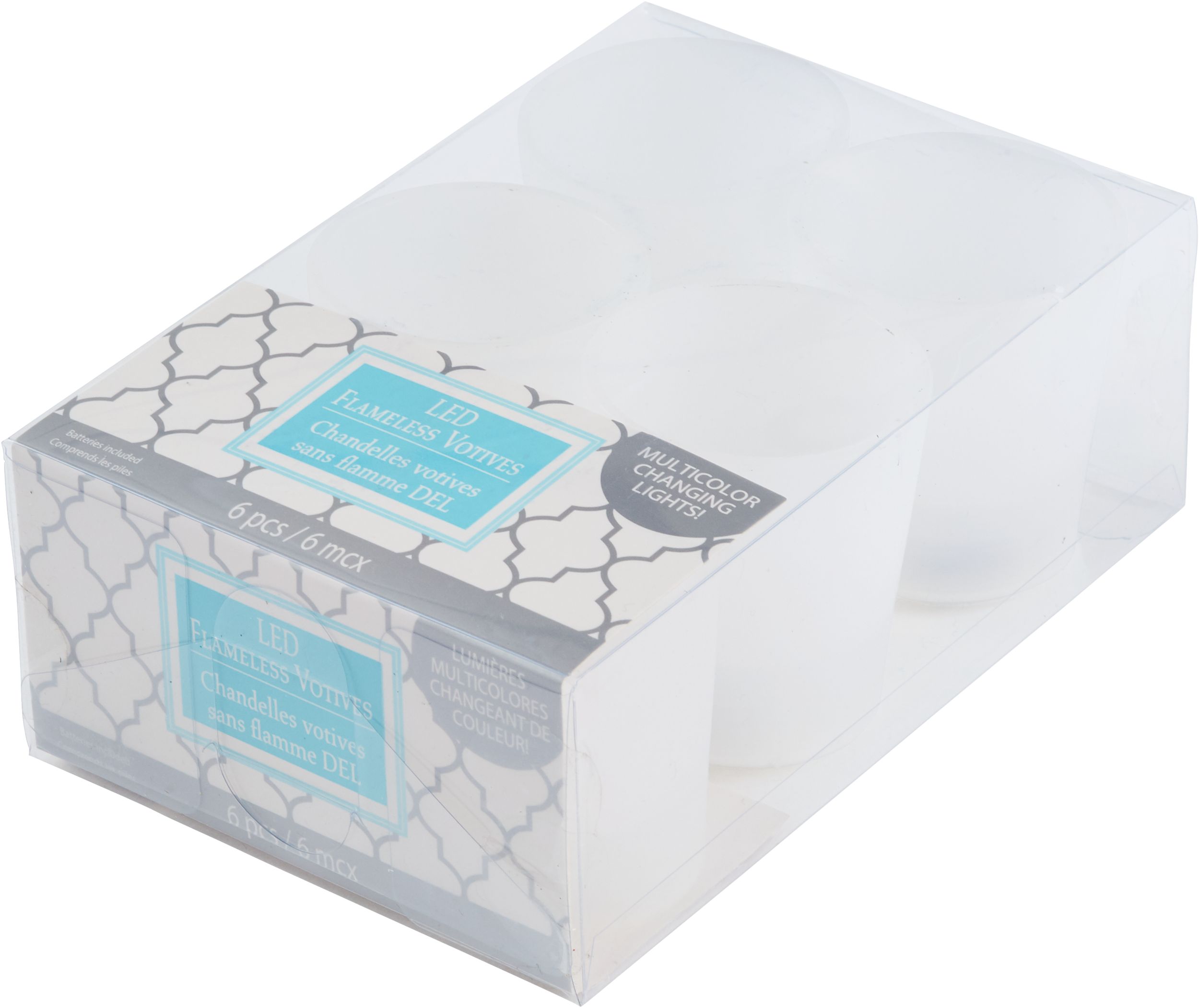 Colour-Changing Votive Flameless LED Candles, White, 2-in, 6-pk, for Wedding/Birthday Party Front_Angled_Left