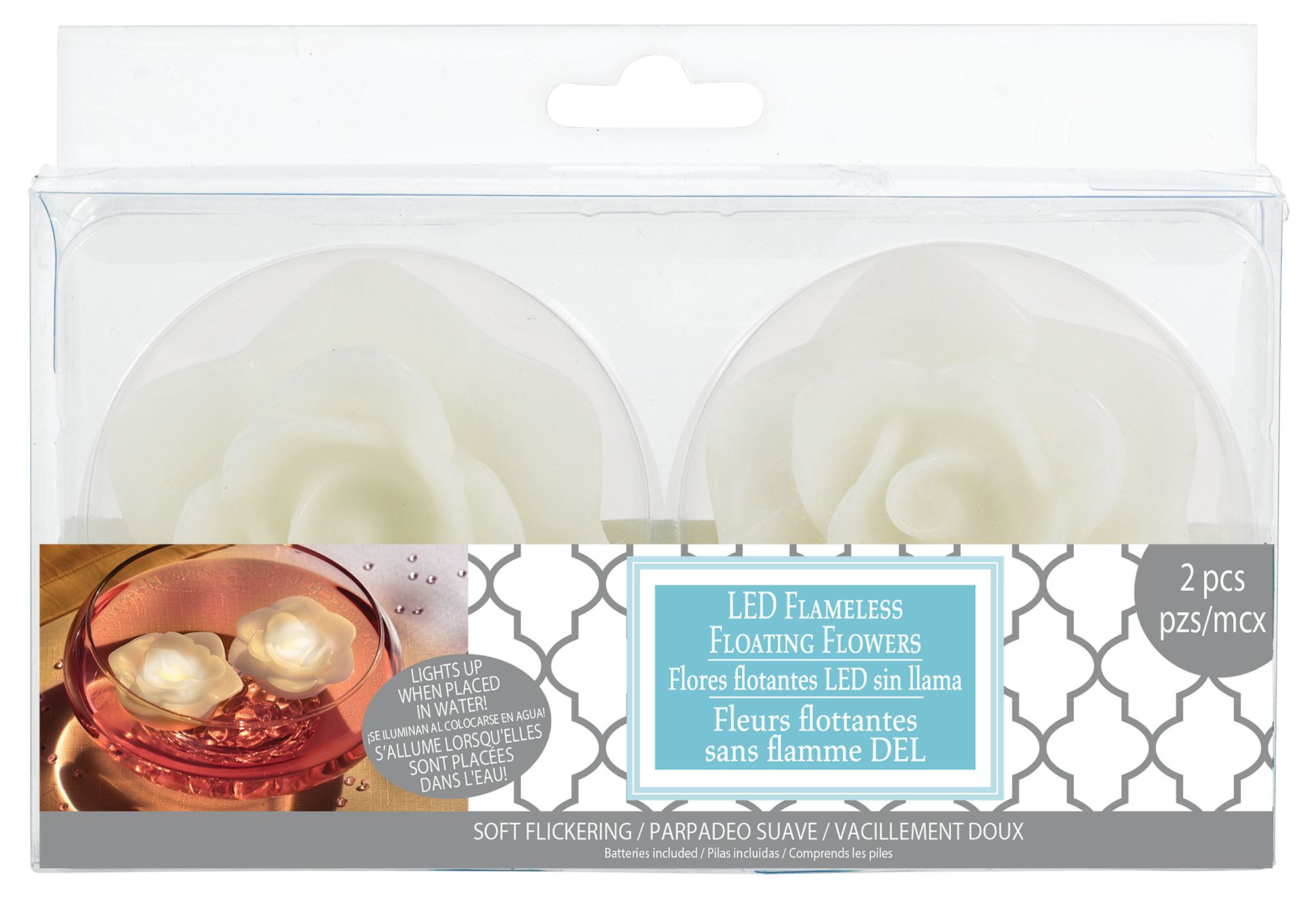 Floating Flower Water-Activated Flameless LED Candles, White, 3-in, 2-pk, for Wedding/Birthday Party Front_Elevated