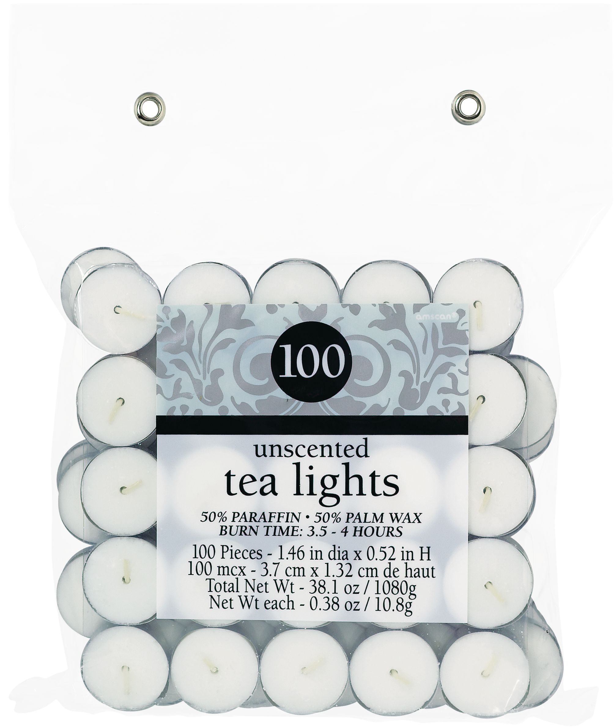 Unscented Tealight Wax Candles, White, 1.5-in, 100-pk, for Wedding/Birthday Party Front_Flat
