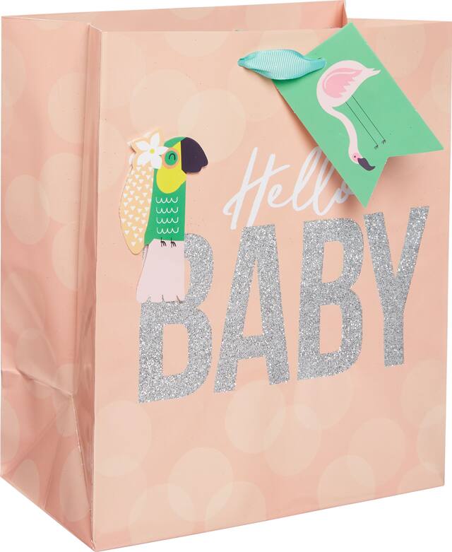Petit sac-cadeau en papier glacé à motif tropical Hello Baby Front_Angled_Right