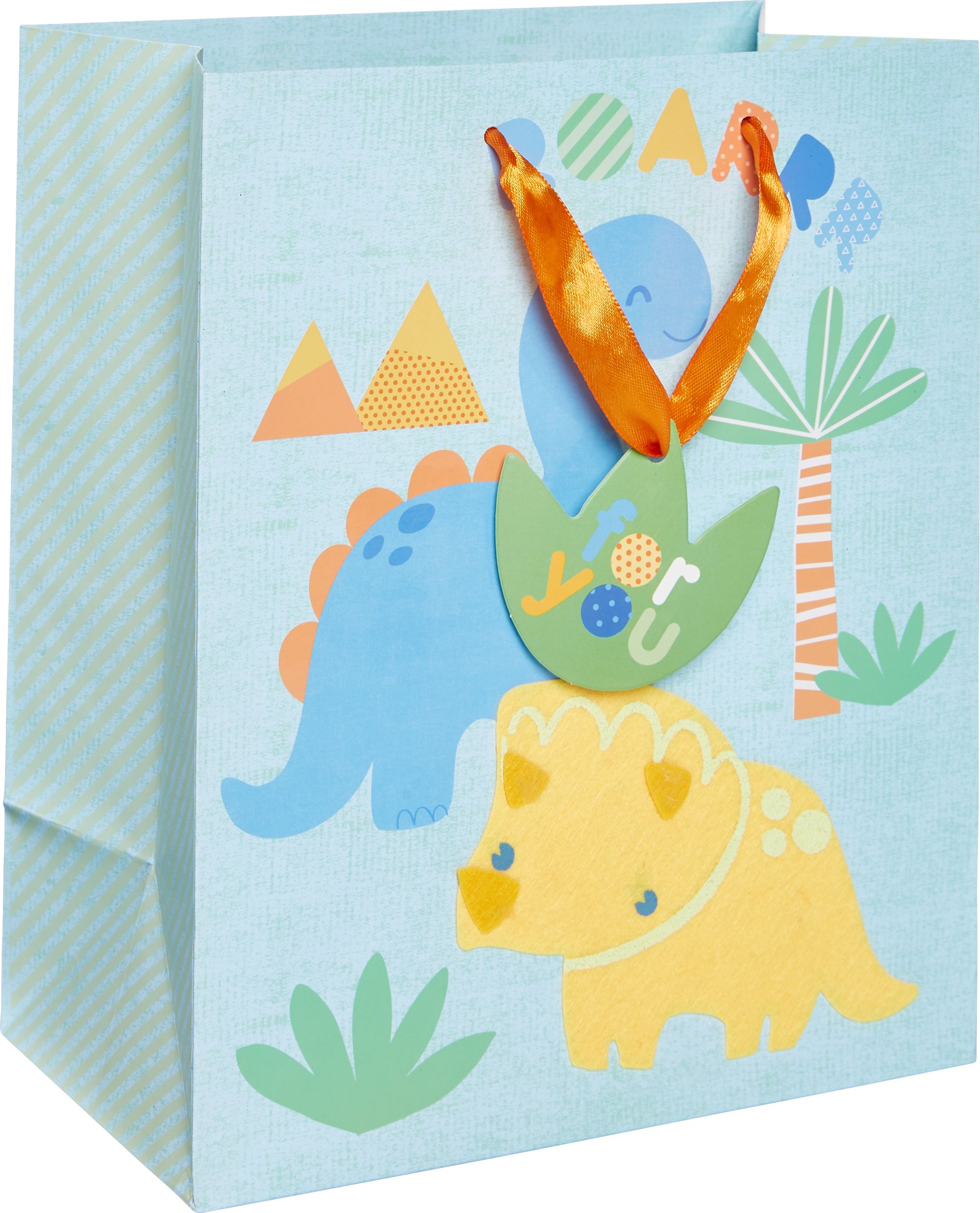 Petit sac-cadeau en papier glacé à motif de gentils dinosaures Front_Angled_Right