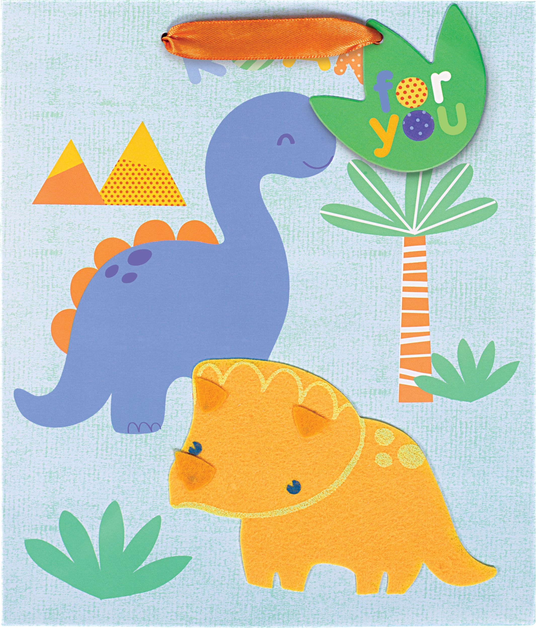 Petit sac-cadeau en papier glacé à motif de gentils dinosaures Front_Flat