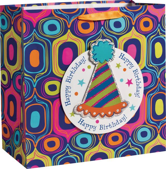 Sac-cadeau d'anniversaire à motif de chapeaux de fête 3D, 15 po Front_Flat