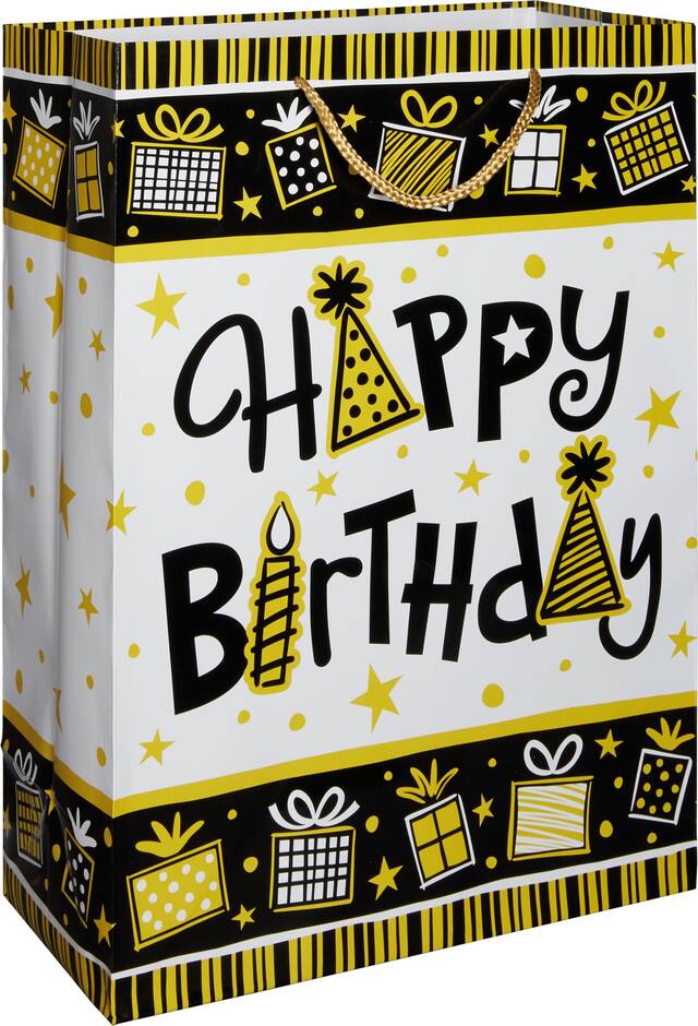 Sac-cadeau Happy Birthday, noir et jaune Front_Angled_Right