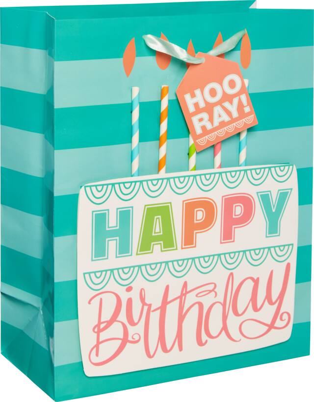 Sac-cadeau gâteau d'anniversaire 3D en papier glacé, moyen Front_Angled_Right