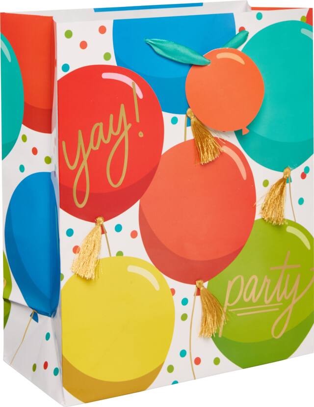 "Yay Party" Paper Gift Bag, Multi-Coloured, Balloons, 13.75-in, for Birthday Party Front_Angled_Right