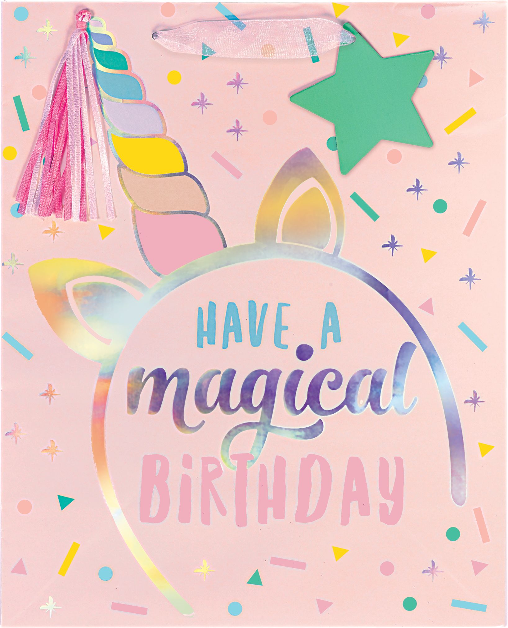 Unicorn "Have a Magical Birthday" Paper Gift Bag, Pink, 17-in, for Birthday Party Front_Flat