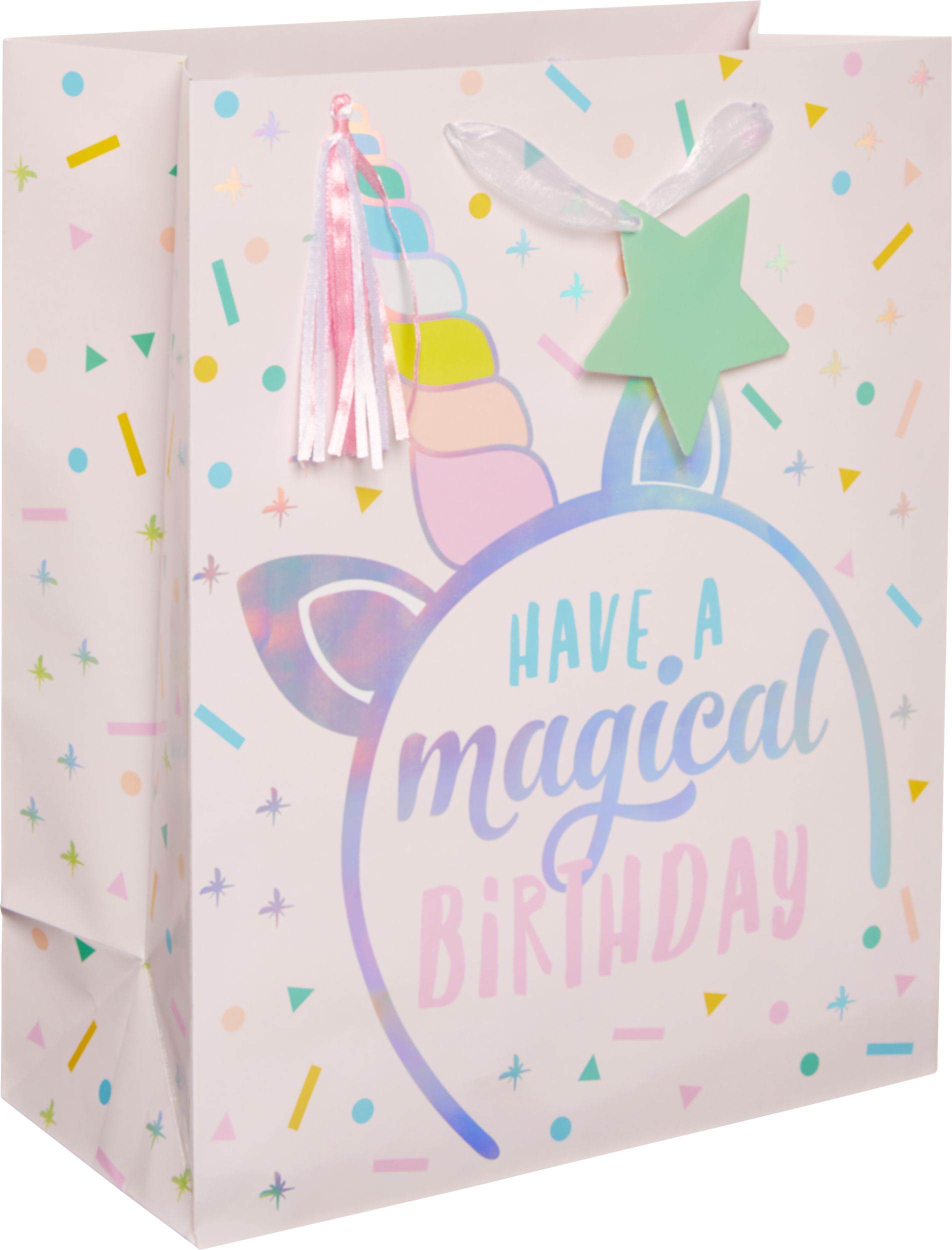Unicorn "Have a Magical Birthday" Paper Gift Bag, Pink, 17-in, for Birthday Party Front_Angled_Right
