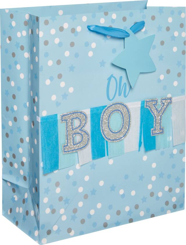 Medium Glossy Blue Oh Boy Gift Bag Front_Angled_Right