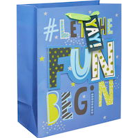 Sac-cadeau en papier glacé Let The Fun Begin, moyen Front_Angled_Right