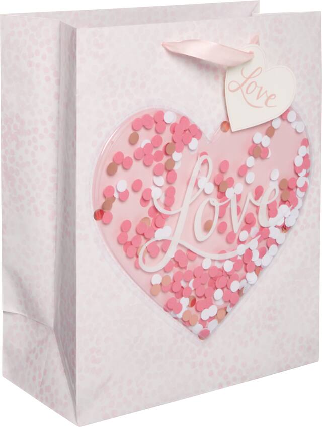 Sac-cadeau en papier glacé avec coeur et confettis, moyen Front_Angled_Right