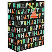 "Happy Birthday" Paper Gift Bag, Black/Multi-Coloured, 17-in, for Birthday Party