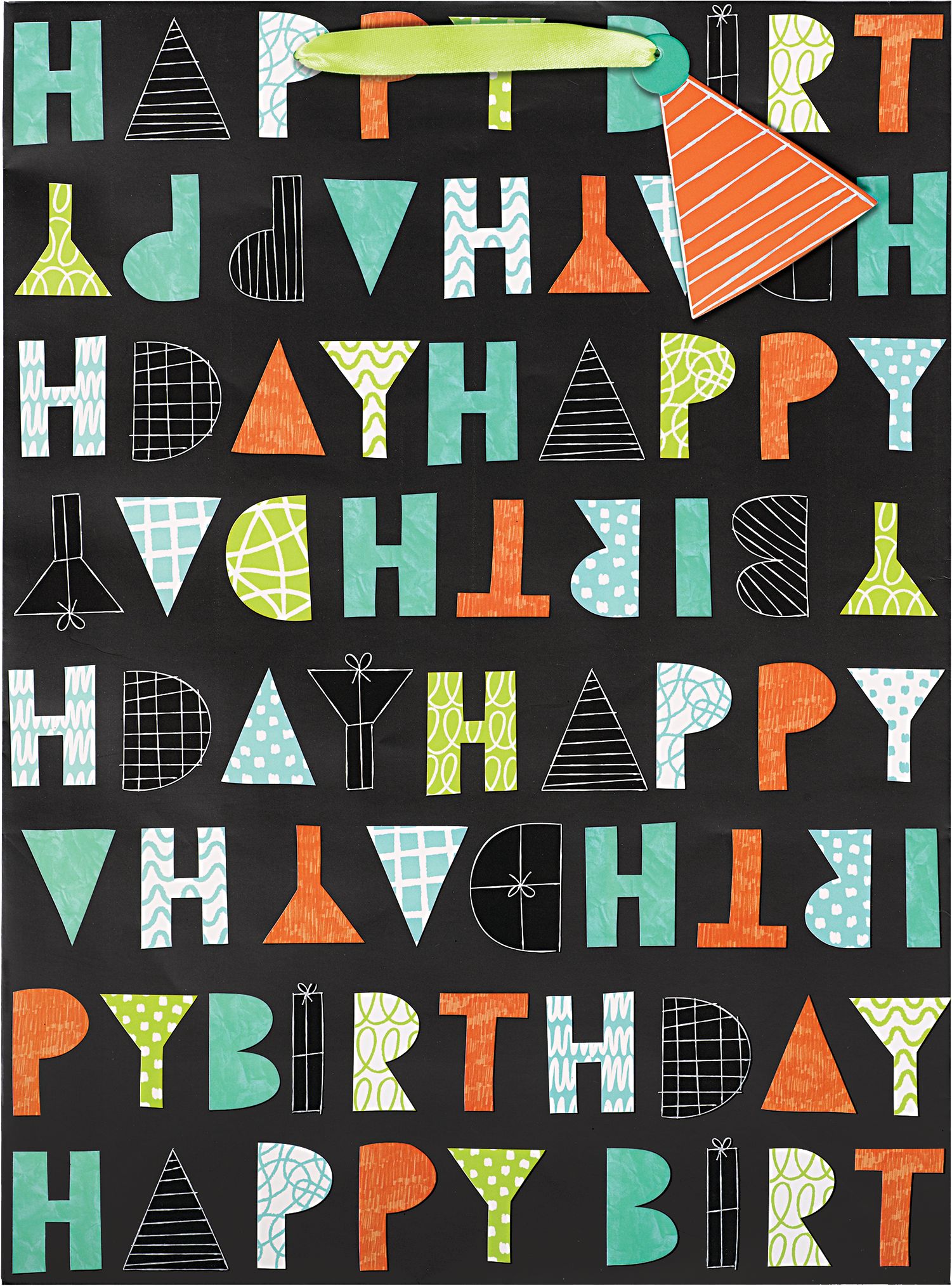 "Happy Birthday" Paper Gift Bag, Black/Multi-Coloured, 17-in, for Birthday Party Front_Flat