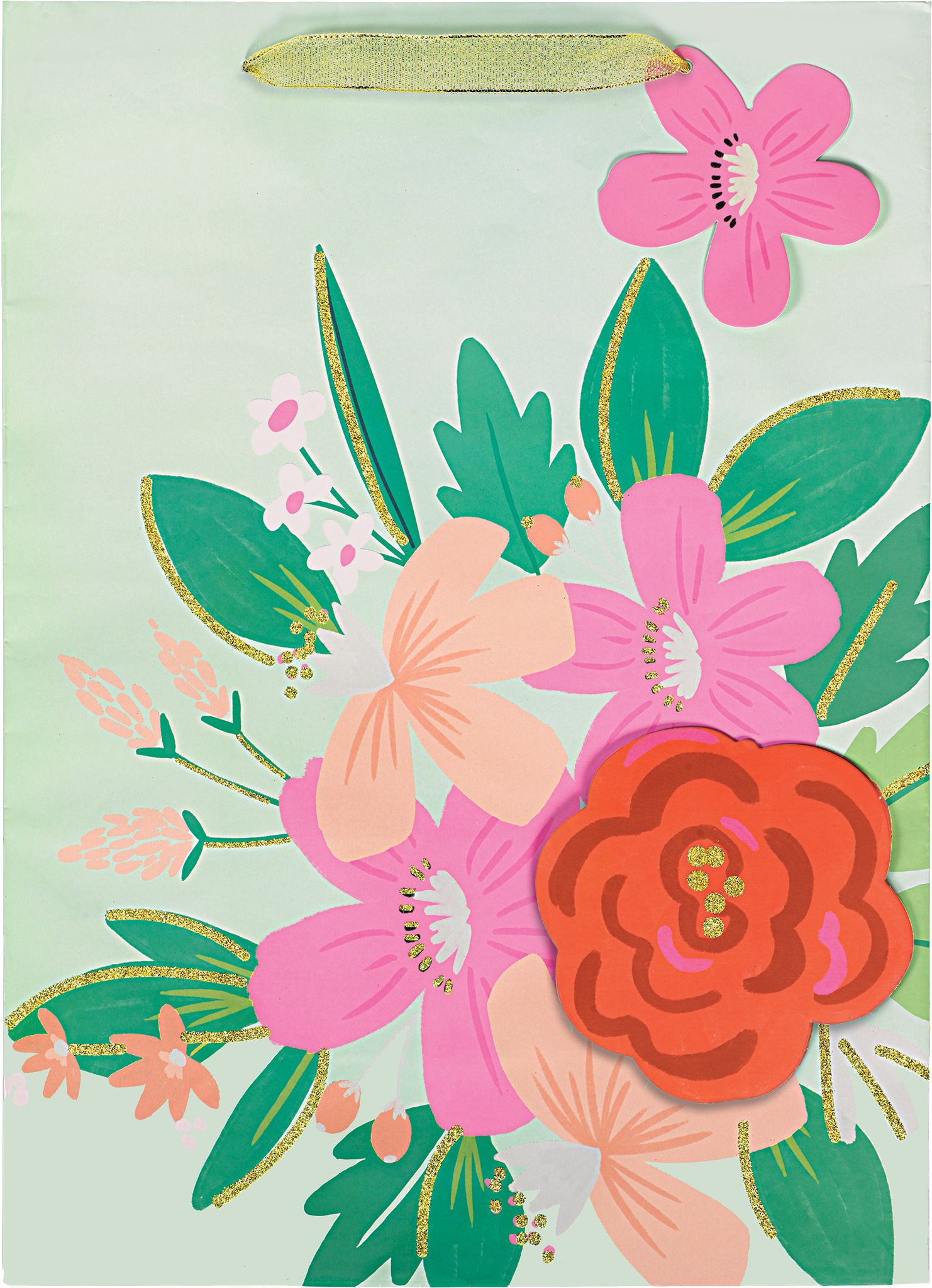 Grand sac-cadeau en papier glacé à motif floral rose 3D Front_Flat