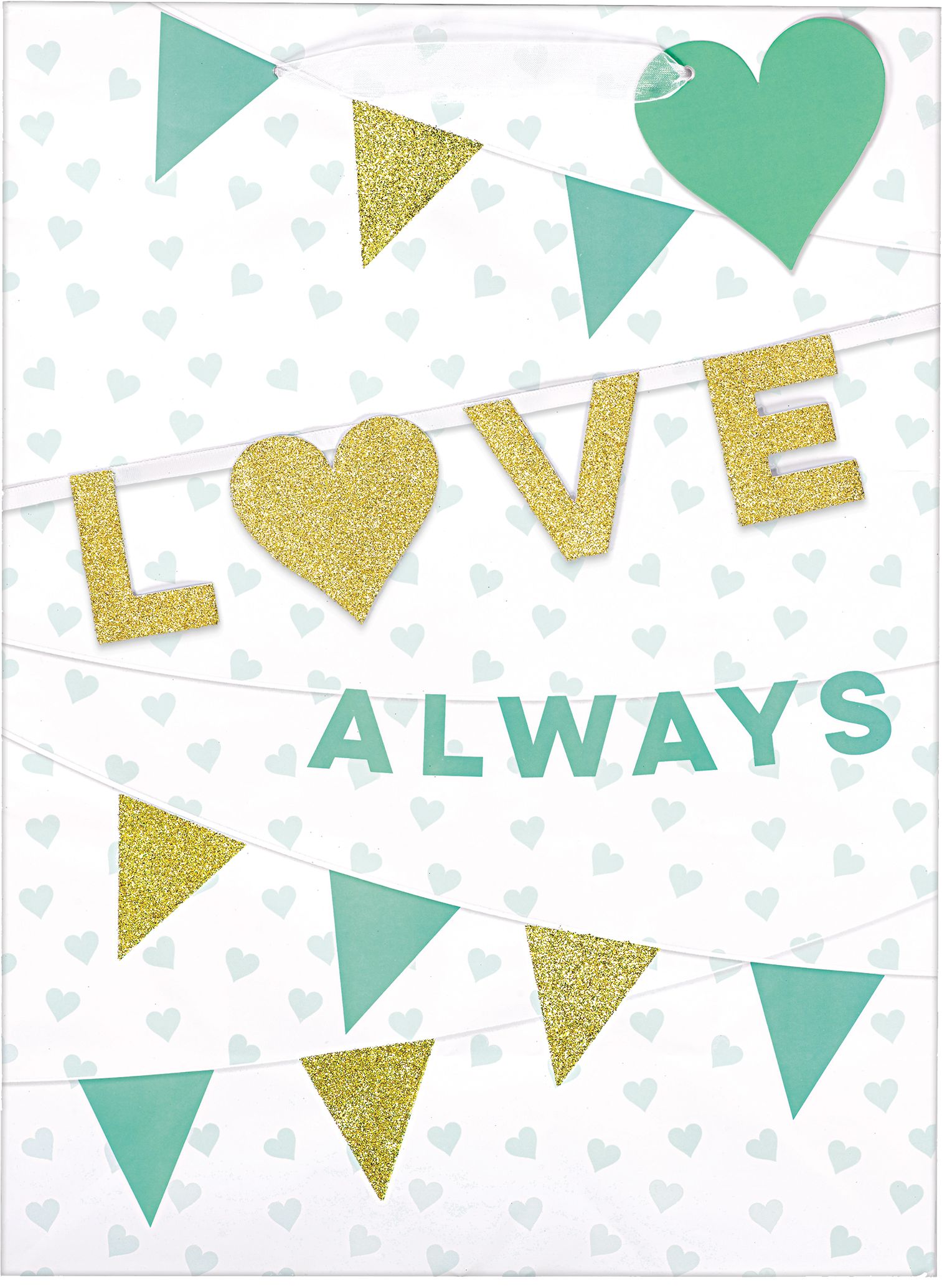 Sac-cadeau à paillettes Love Always, vert menthe et doré Front_Flat