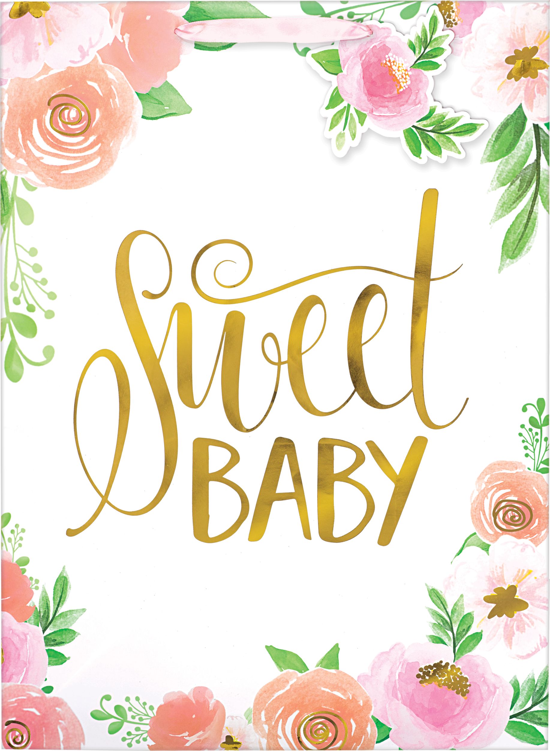 Floral Baby "Sweet Baby" Paper Gift Bag, Pink/Gold, 20.75-in, for Baby Shower/Gender Reveal Front_Flat