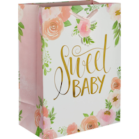 Floral Baby "Sweet Baby" Paper Gift Bag, Pink/Gold, 20.75-in, for Baby Shower/Gender Reveal Front_Angled_Right