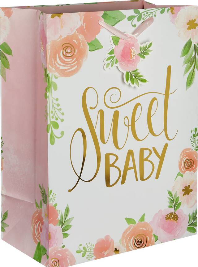 Floral Baby "Sweet Baby" Paper Gift Bag, Pink/Gold, 20.75-in, for Baby Shower/Gender Reveal Front_Angled_Right