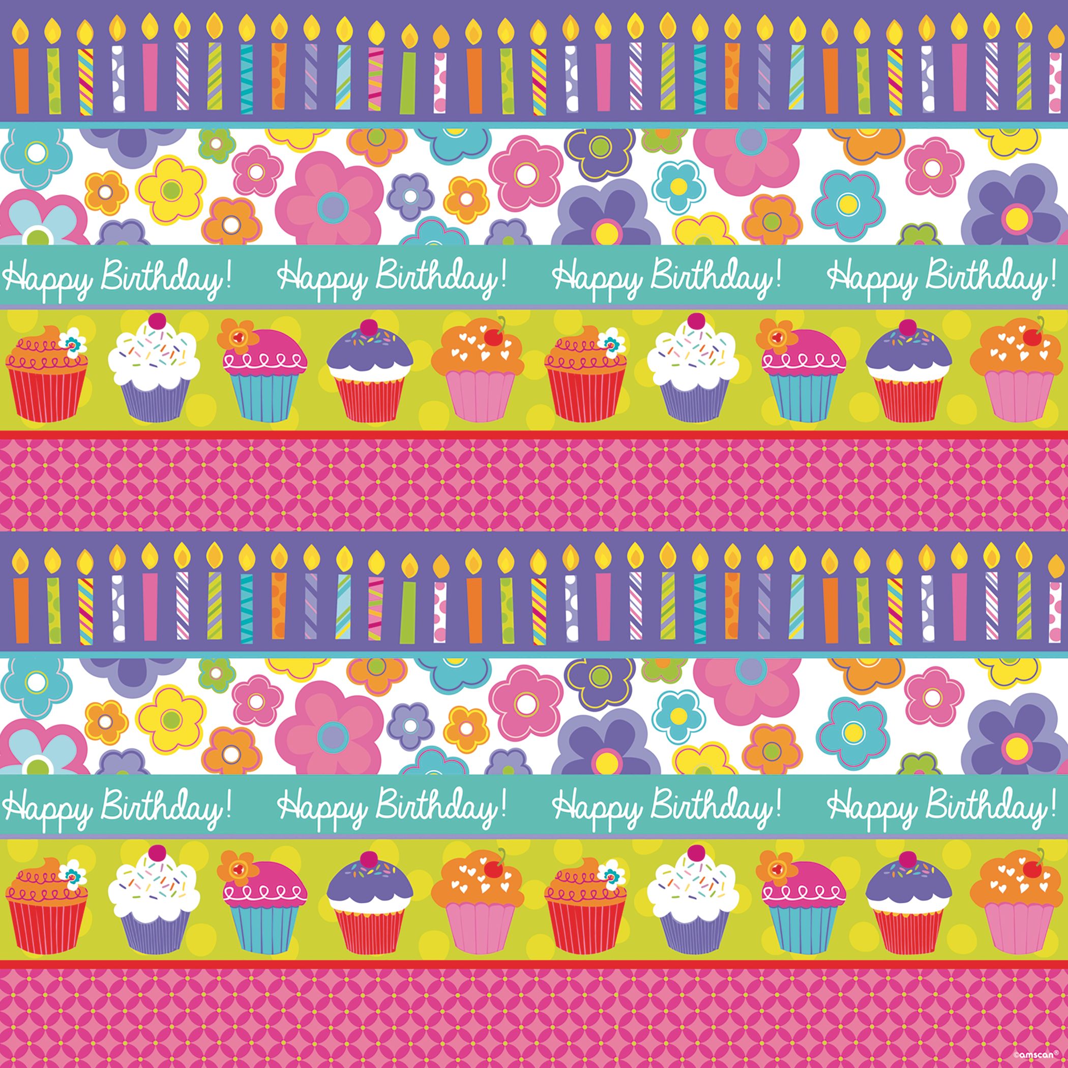 Cupcakes and Flowers Birthday Gift Wrap CloseUp