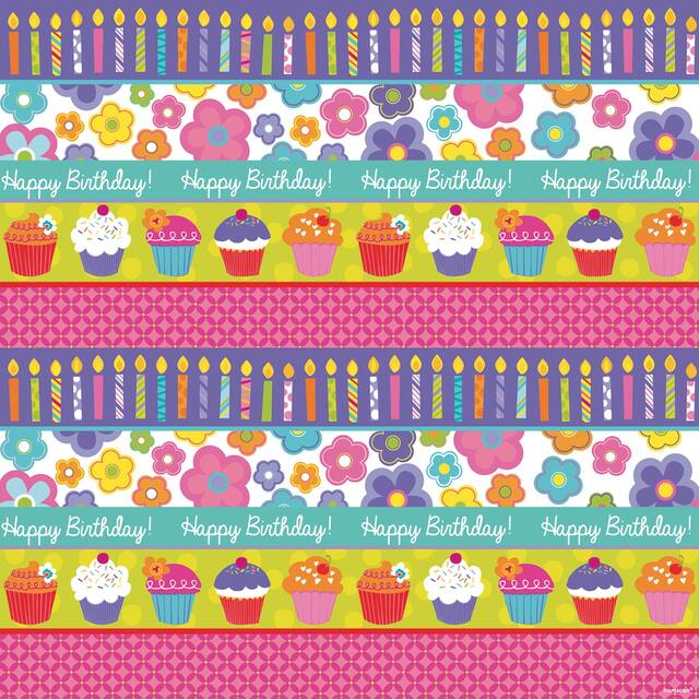 Papier d'emballage d'anniversaire Petits gâteaux et fleurs Front_Flat