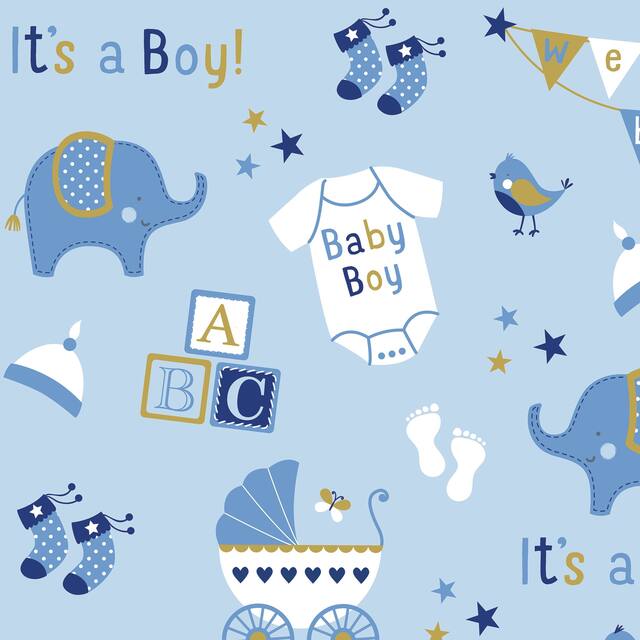 "It's a Boy" Elephant Gift Wrapping Paper, Blue, 40-ft, for Baby Shower/Gender Reveal Front_Flat
