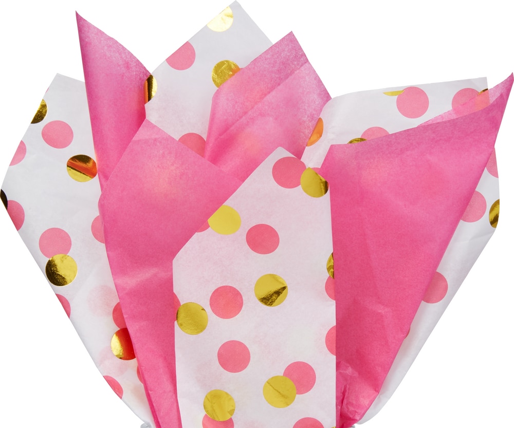 Metallic Gold and Pink Polka Dot Tissue Paper, 8pk Party City