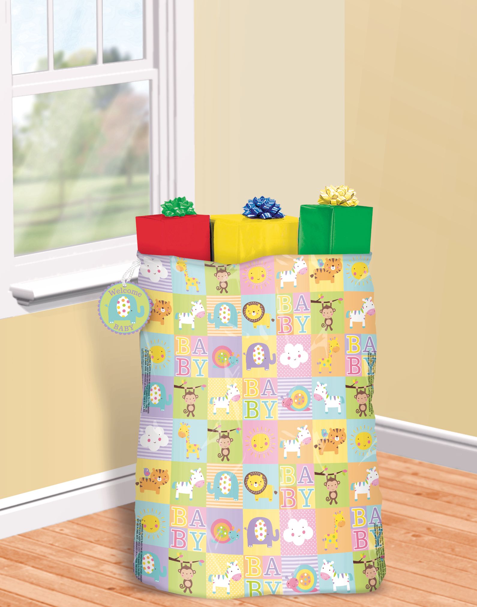 "Baby" Lion/Elephant/Tiger Reusable Gift Sack Bag with Tag, Green/Purple, 11-in, for Baby Shower Front_Flat