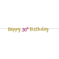 Glitter 30th Birthday Letter Banner, Pink & Gold Front_Flat