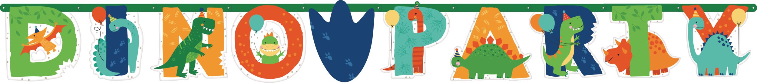 Dino-Mite "Happy Birthday"  Dinosaur Hanging Garland Banner Decoration, Green/Blue/Orange, 12.75-in, 2-pk, for Birthday Party Front_Flat