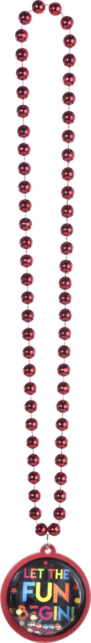"Let the Fun Begin" Pendant Beaded Necklace Jewelry, Metallic Red, 19-in, Wearable Accessory for Birthdays Overhead_Flat