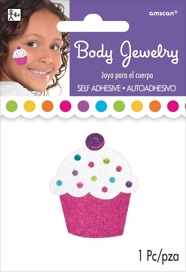 Cupcake Glitter Body Jewelry Stickers, Pink/White, One Size, Wearable Accessory for Birthdays Front_Flat