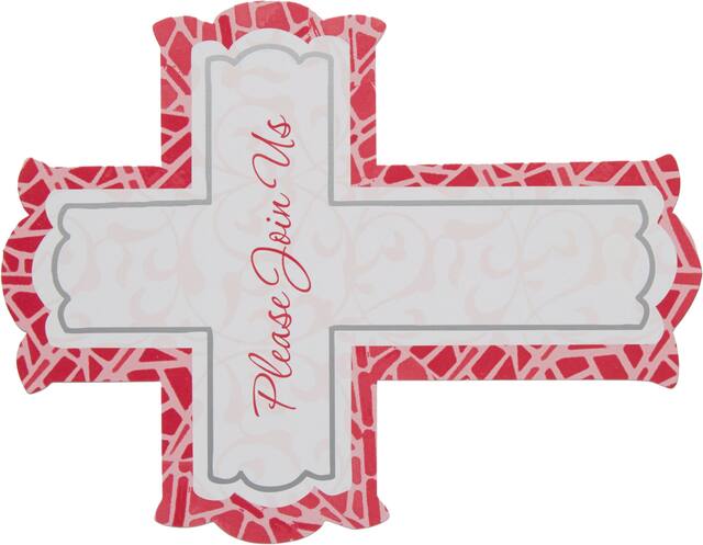 "Please Join Us" Cross Paper Party Invitations with Envelopes, Pink, 8-pk, for First Communion/Religious Celebration Overhead_Flat