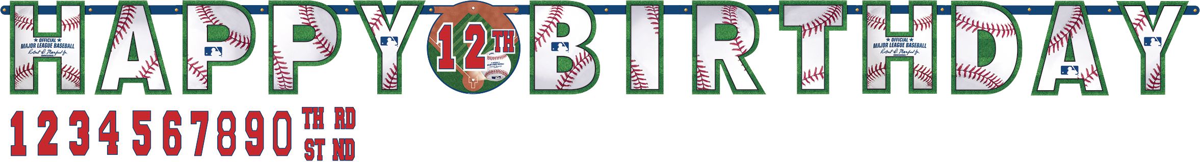 Major League Baseball MLB Rawlings "Happy Birthday" DIY Customizable Hanging Garland Banner Decoration, White/Red/Blue, 12.75-in, for Sports Party Overhead_Flat