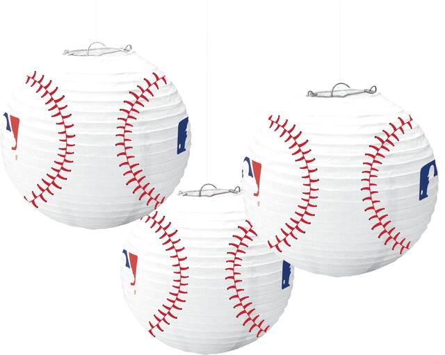 Major League Baseball MLB Baseball Paper Lantern Hanging Decorations, White/Red, 9.5-in, 3-pk, for Sports Party Front_Flat