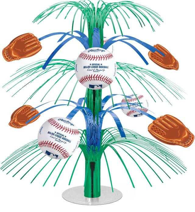 Major League Baseball MLB Rawlings Metallic Tinsel Spray Burst Centerpiece Table Decoration, Green/Blue, 21-in, for Sports Party Front_Flat