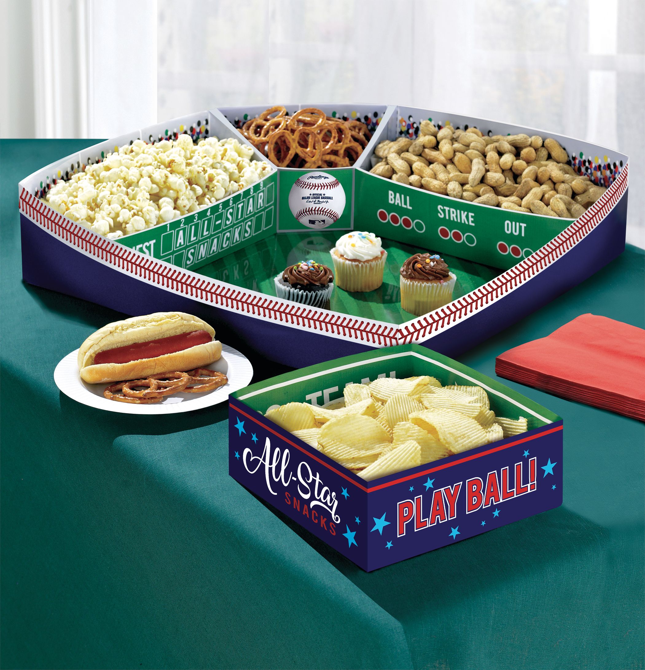 Baseball "Play Ball" Paper Snack Stadium Kit, Blue/Green, 19-in, 5-pk, for Sports Party Composite_or_Mixed