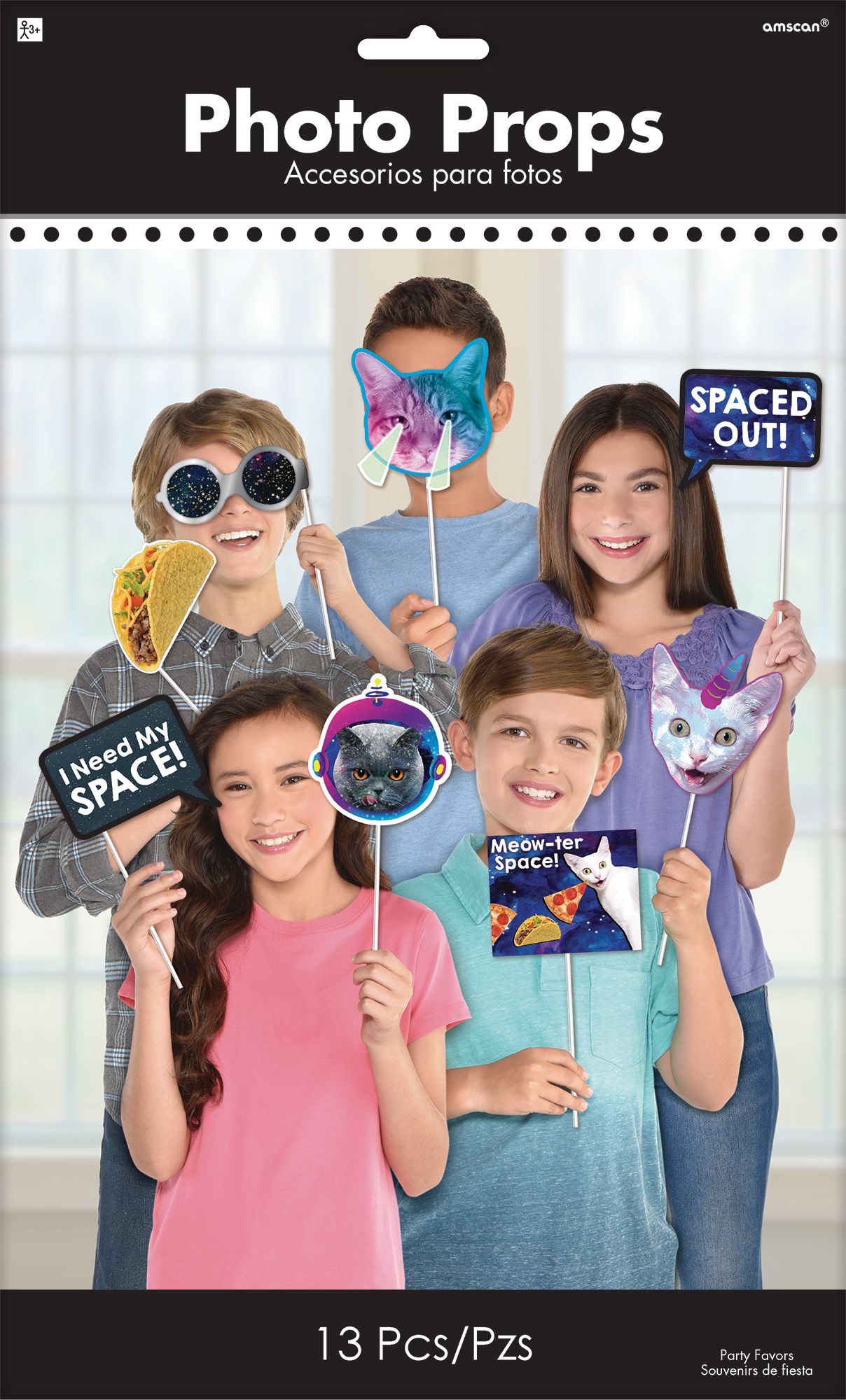 "Spaced Out" Cat Photo Booth Sign Props, Blue, 14-in, 13-pk, for Birthday Party Front_Flat