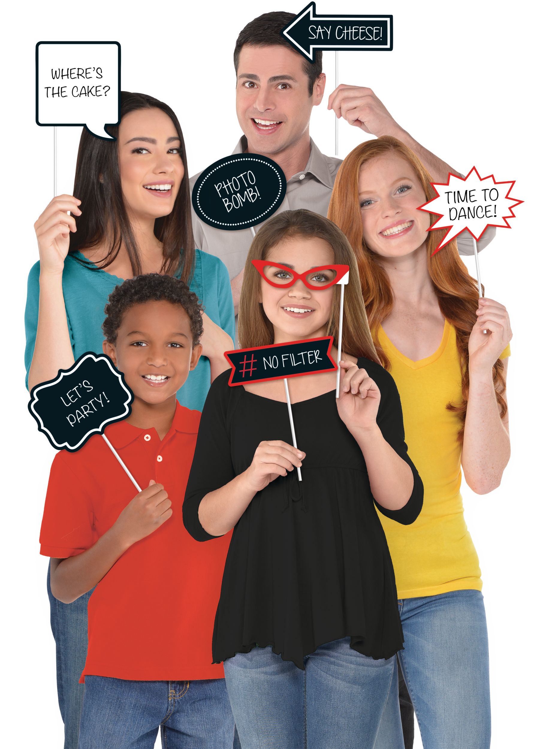 "Say Cheese" Photo Booth Sign Props, Black/White, 5.7-in, 13-pk, for Graduation/Birthday/Wedding Front_Flat